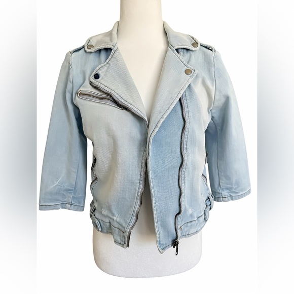 Zara Woman Premium Denim Moto Jacket Cropped Light Wash Biker Distressed M Y2K - Picture 1 of 10